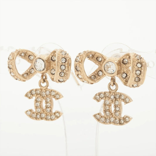 CHANEL Coco Mark Ribbon Earrings B16P Gold Rhinestone