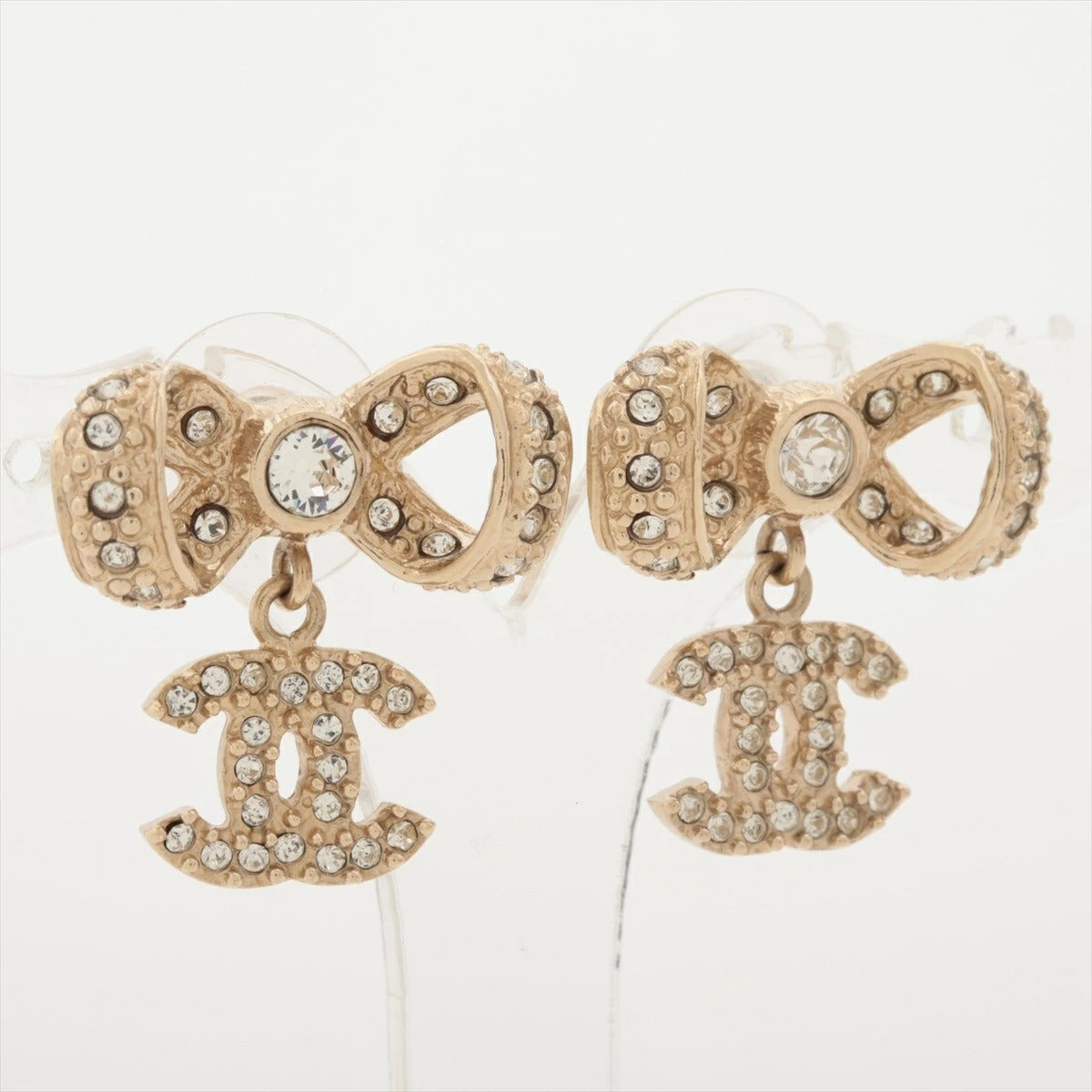 CHANEL Coco Mark Ribbon Earrings B16P Gold Rhinestone