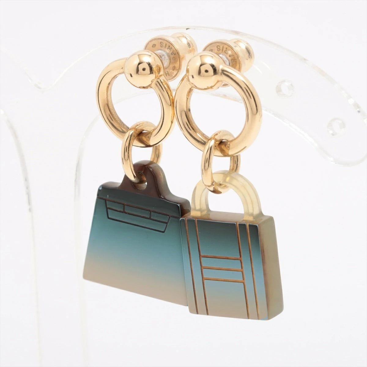 Hermes Amulet Maroquinier Earrings Buffalo Fawn Blue Gold Earrings