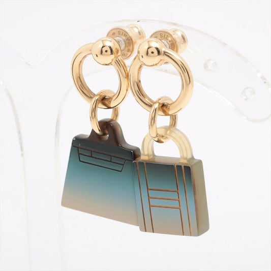 Hermes Amulet Maroquinier Earrings Buffalo Fawn Blue Gold Earrings