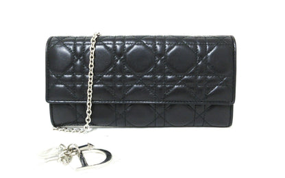 Christian Dior Cannage Leather Chain Wallet with Logo Charm