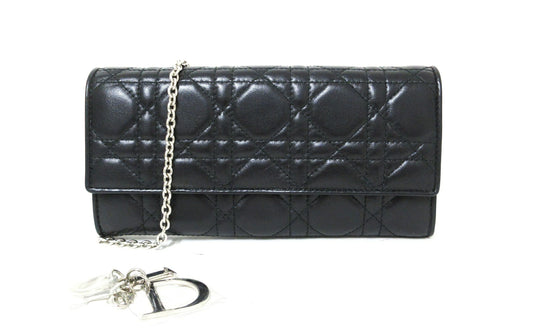 Christian Dior Cannage Leather Chain Wallet with Logo Charm