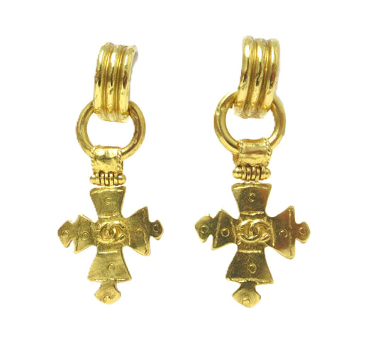 Chanel Coco Mark Earrings 94P Cross Motif Gold Metal