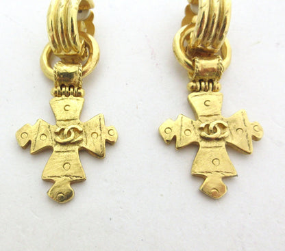 Chanel Coco Mark Earrings 94P Cross Motif Gold Metal